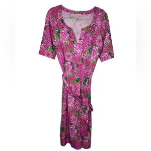 Lilly Pulitzer Floral Tie Waist Pink Green Split Neck Dress 100% Silk- size 8